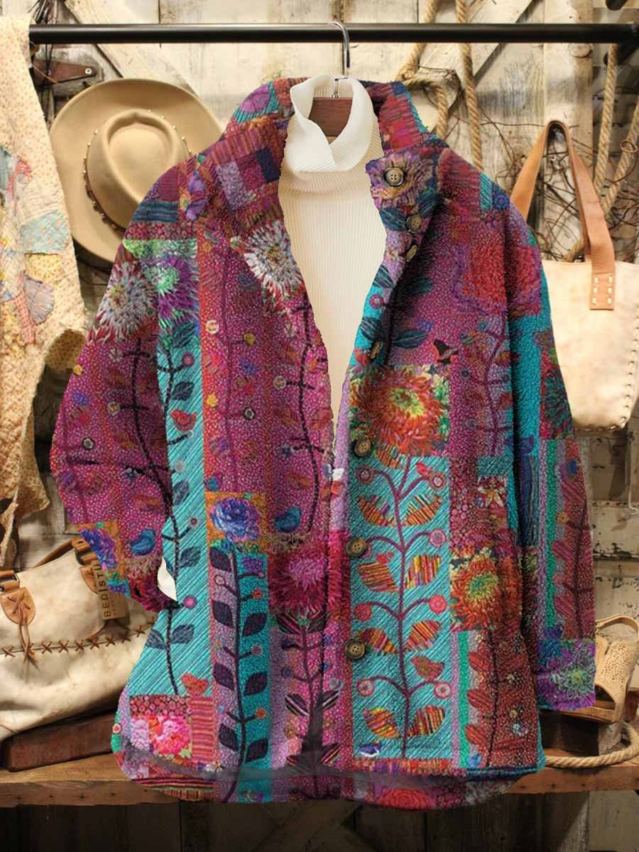 Women's Boho Retro Patchwork Art Pattern Casual Sherpa Coat Cardigan