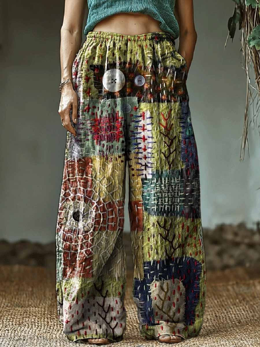 Women's Retro Hippie Embroidery Patchwork Art Pattern Cotton And Linen Casual Pants