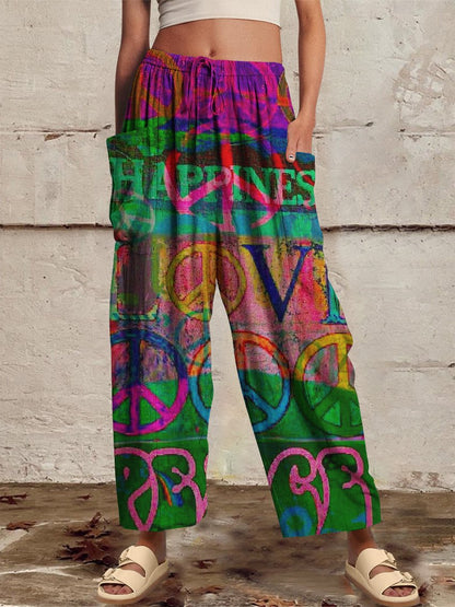 Women‘s Casual 1980s Hippie Print Wide Harem Leg Pants