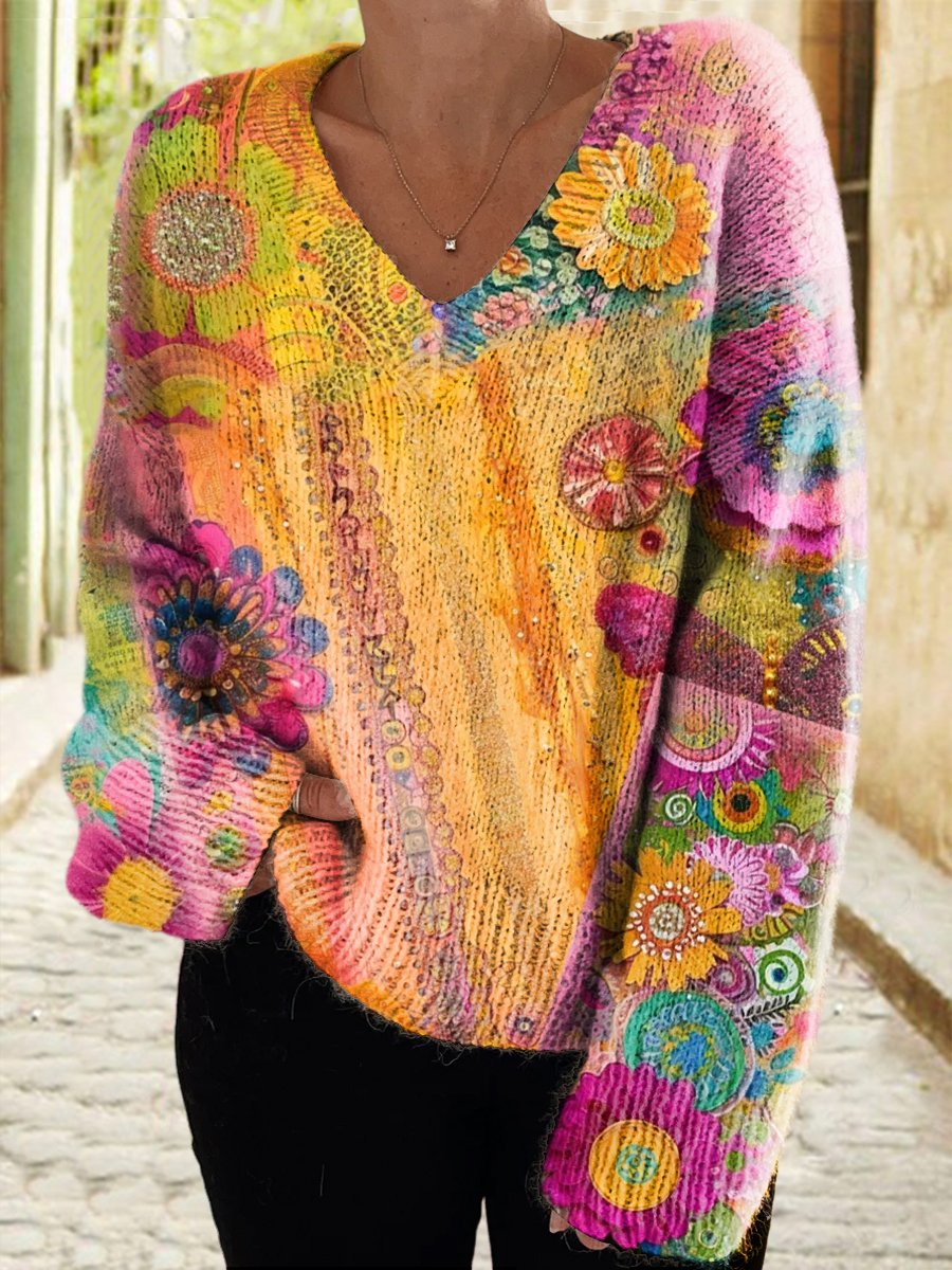 Women's Colorful Hippie Floral Power Art Casual V-Neck Knit Sweater