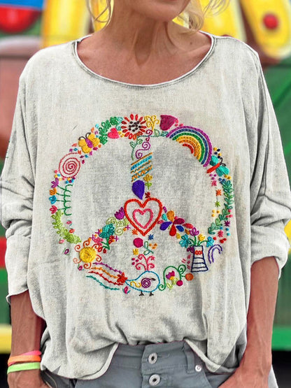 Women's Peace And Love Flower Art Print T-shirt