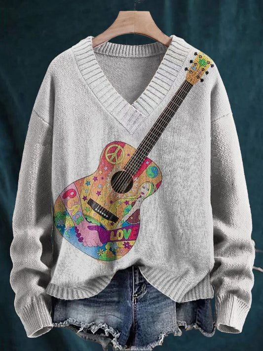 Peace And Love Guitar Print Knit V-neck Pullover Sweater