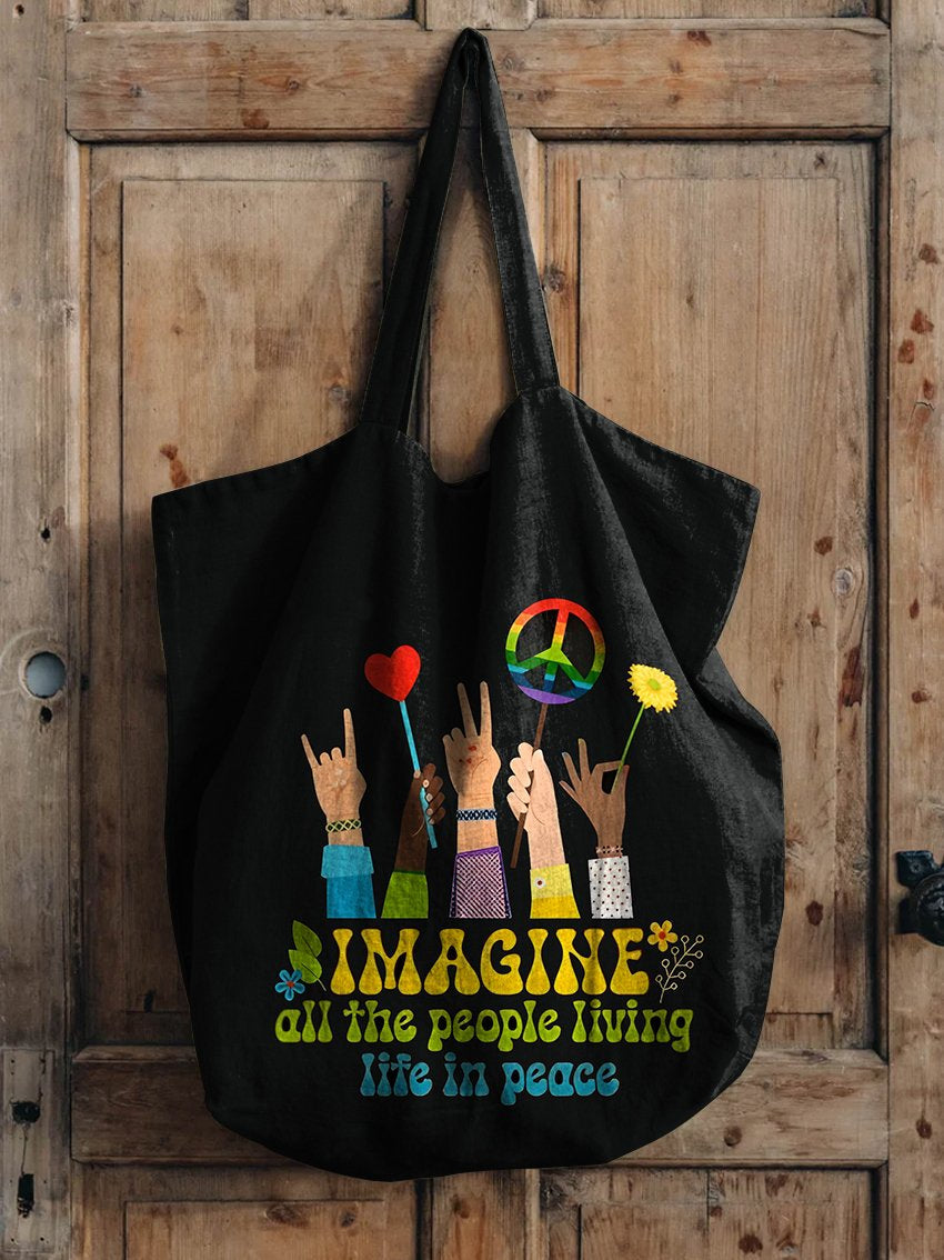 Imagine All The People Living In Peace Print Linen Tote Bag