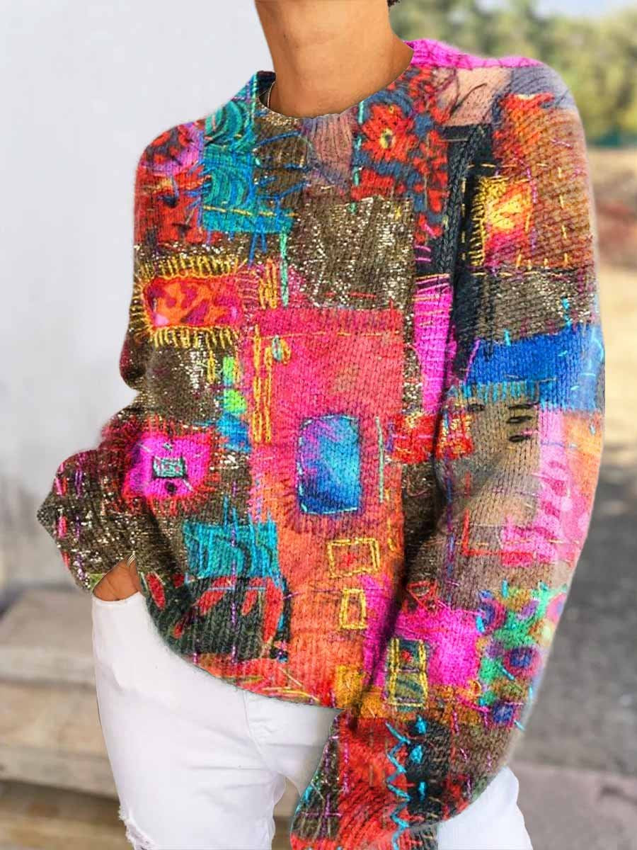 Women's Retro Colorful Patchwork Pattern Casual V-neck Pullover Knitted Sweater