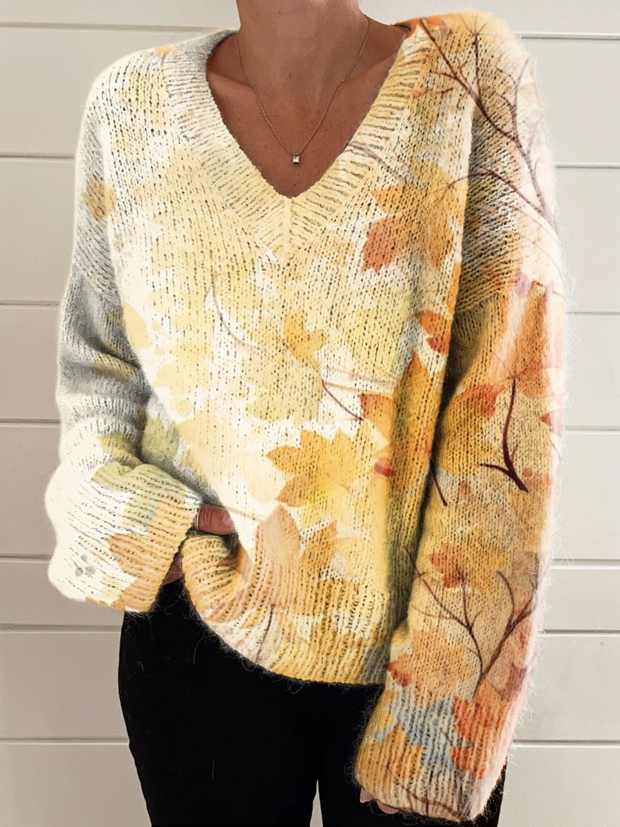 Women's Yellow Maple Leaf Chinese Restaurant Print Casual V-neck Pullover Knit