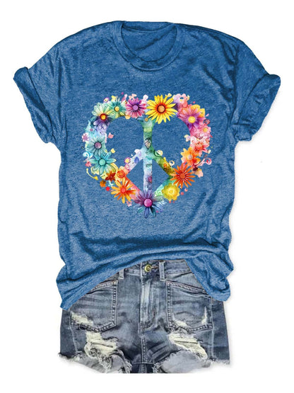 Floral Peace And Love Art Print Casual T-shirt