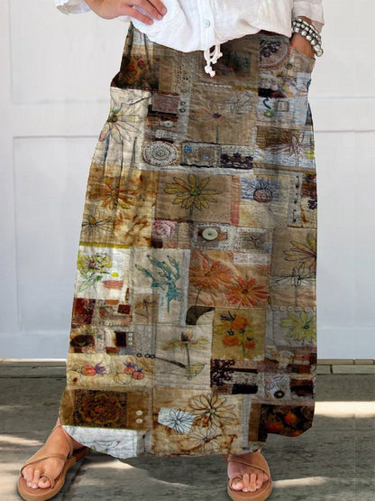 Women's Vintage Patchwork Linen Pocket Skirt