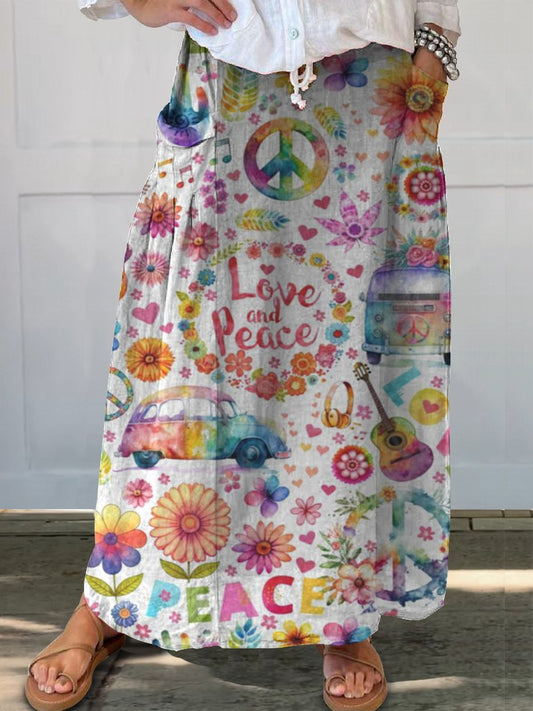 Women's Peace And Love Print Linen Pocket Skirt