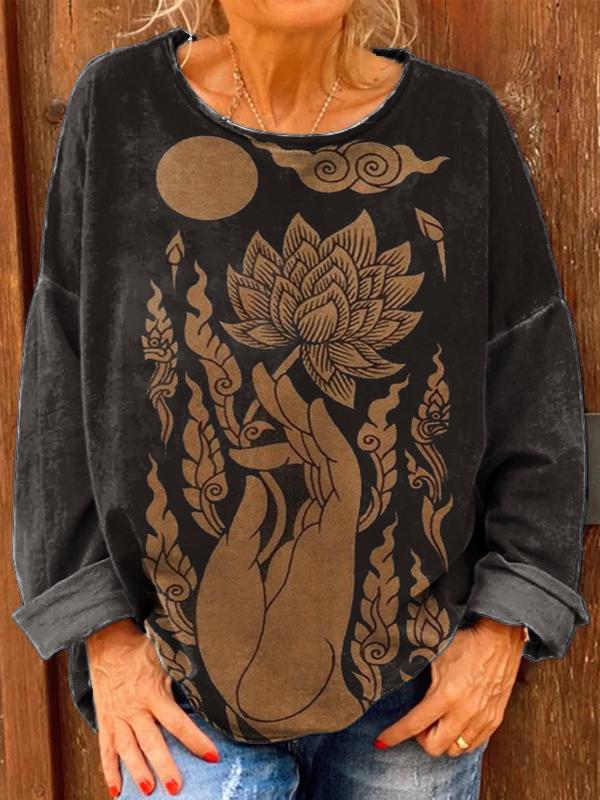 Women's Hand Holding Lotus Mural Print Casual Sweatshirt