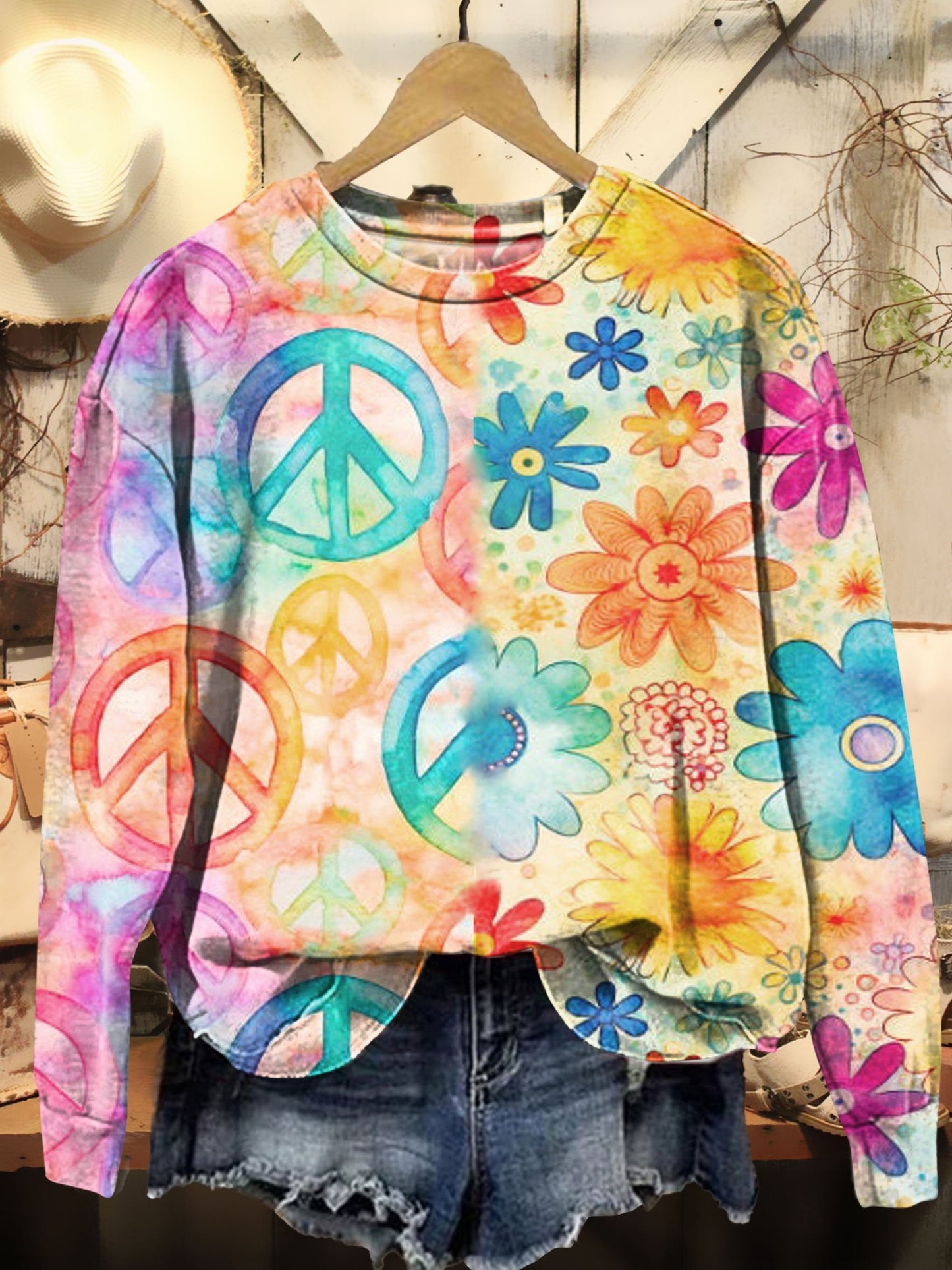 Watercolors Flowers Hippie Pattern Print Casual Sweatshirt