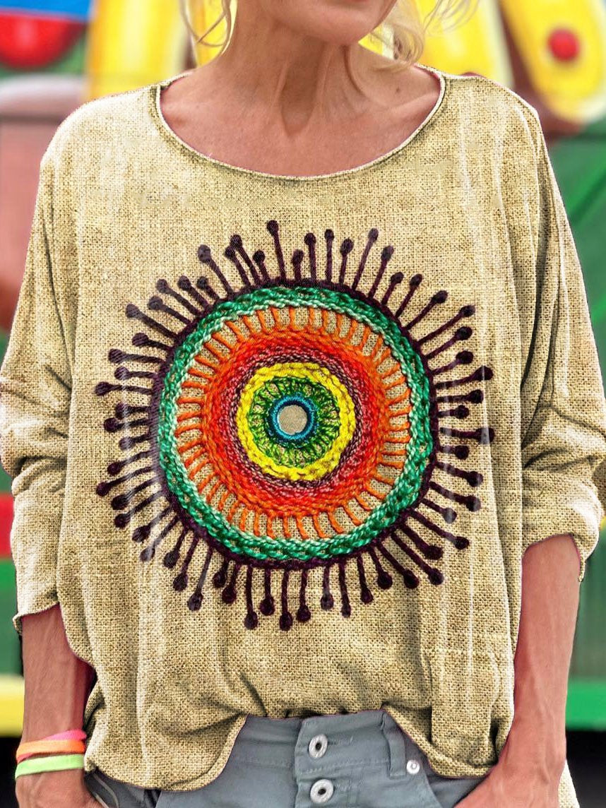 Vintage Embroidered Floral Totem Art Print Casual Long Sleeve T-shirt