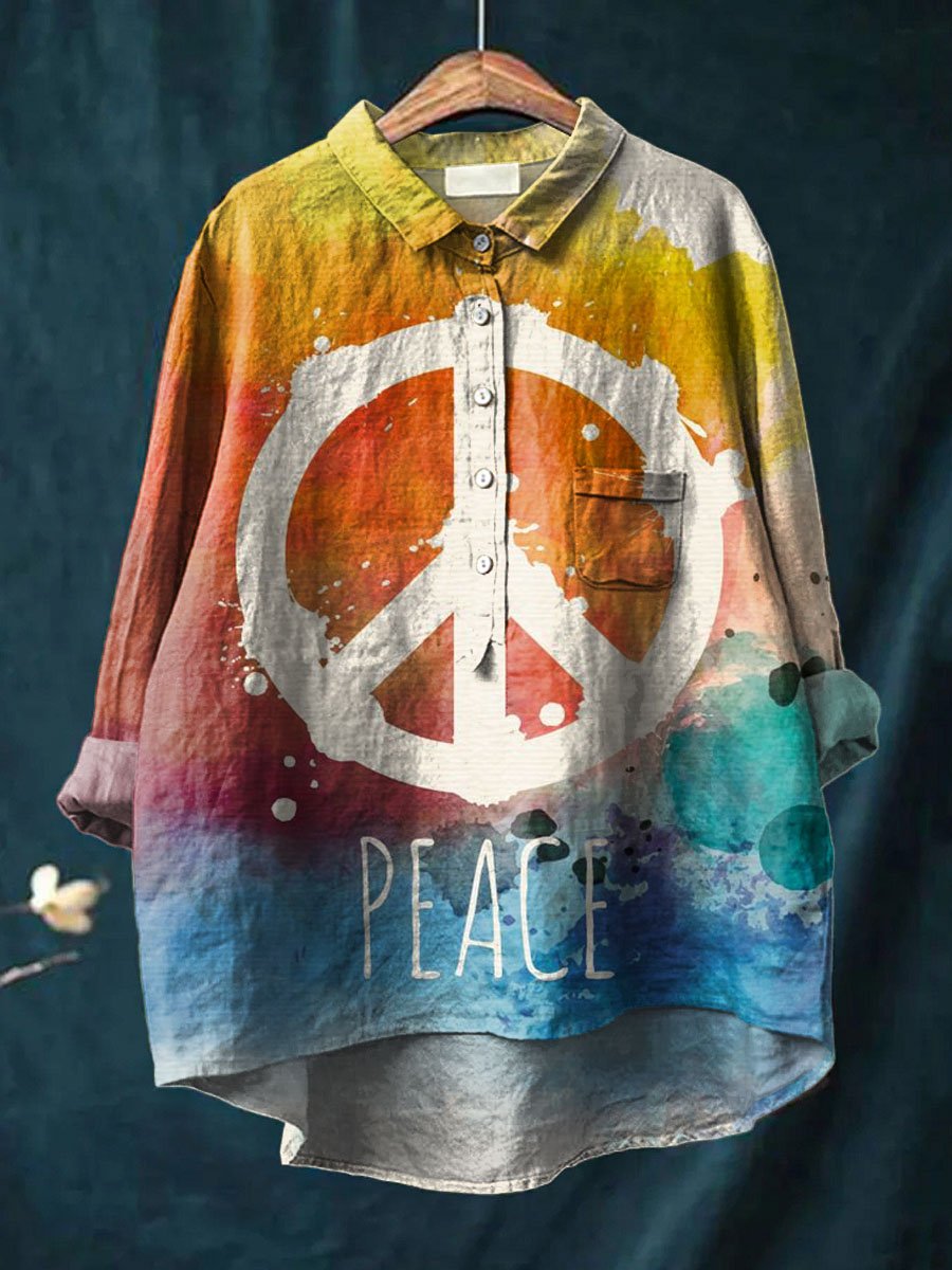 Vintage Love And Peace Art Print Casual Cotton And Linen Shirt