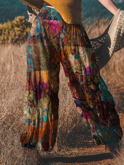 Women's Retro Floral Patchwork Print Pants