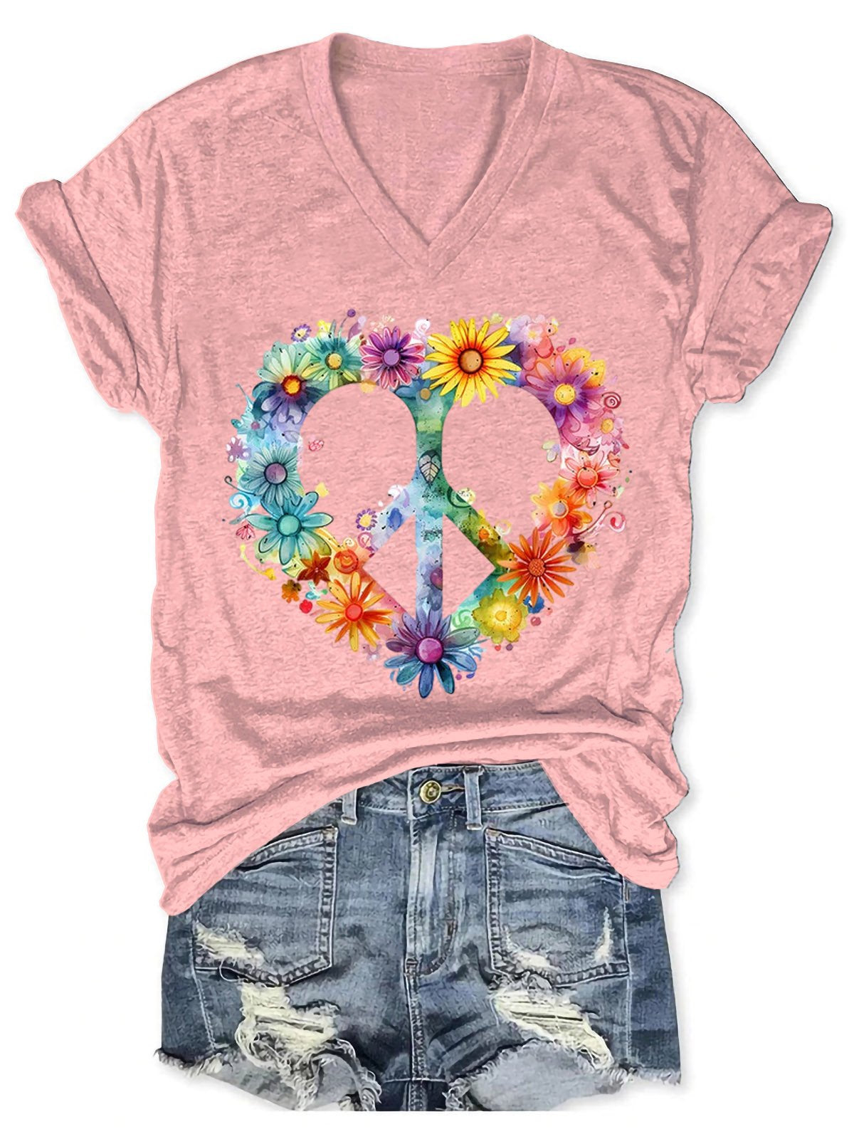 Women's Floral Peace And Love Art Print V-neck Casual T-Shirt