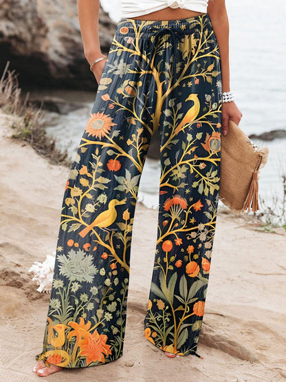 Women's Indian Art Tree Bird Floral Vintage Printed Cotton And Linen Casual Pants