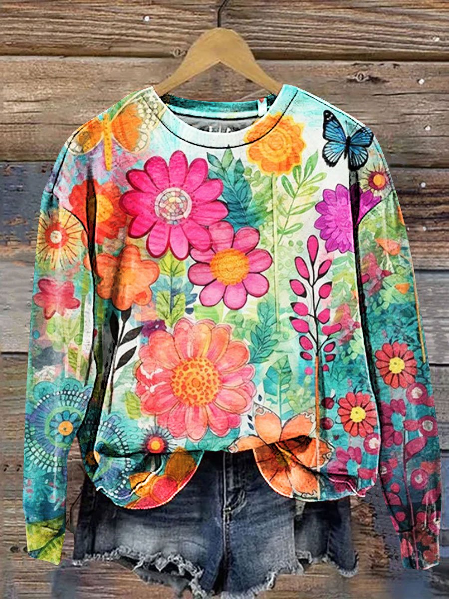 Vintage Floral Art Print Casual Sweatshirt