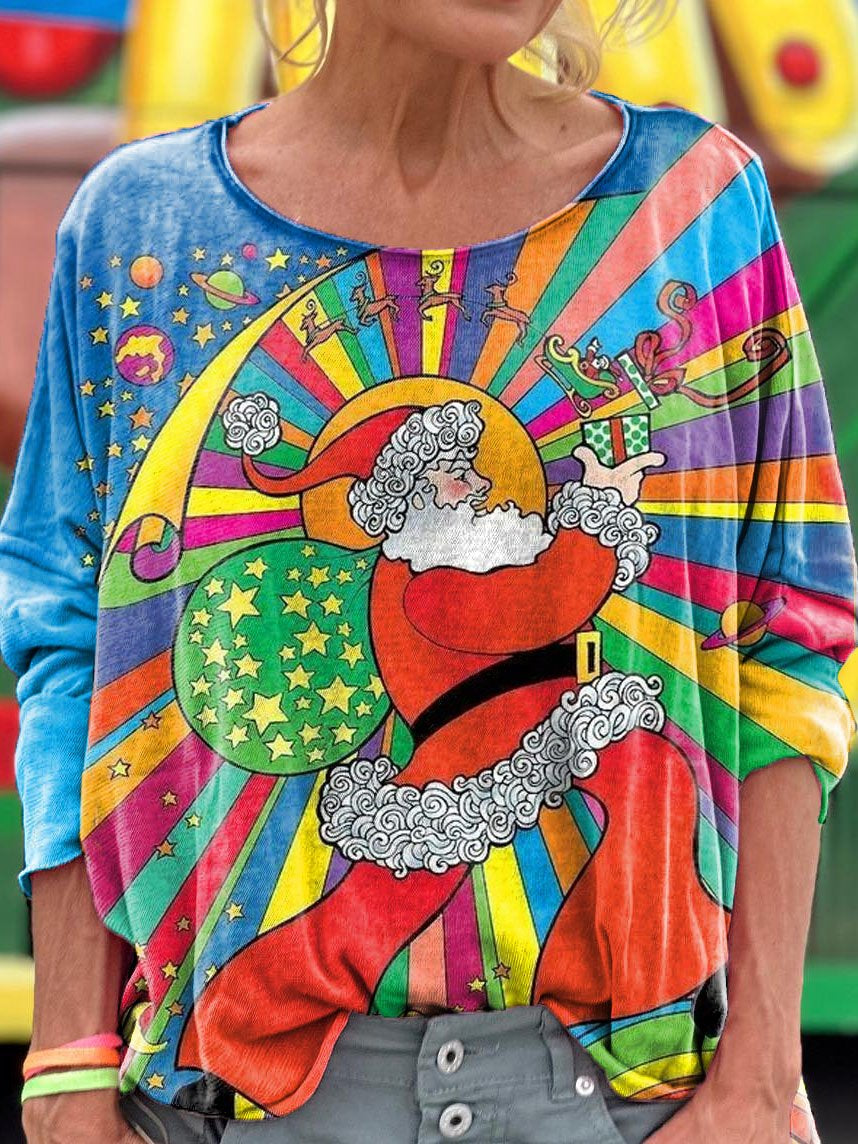 Colorful Hippie Santa Claus Print Long Sleeve T-shirt