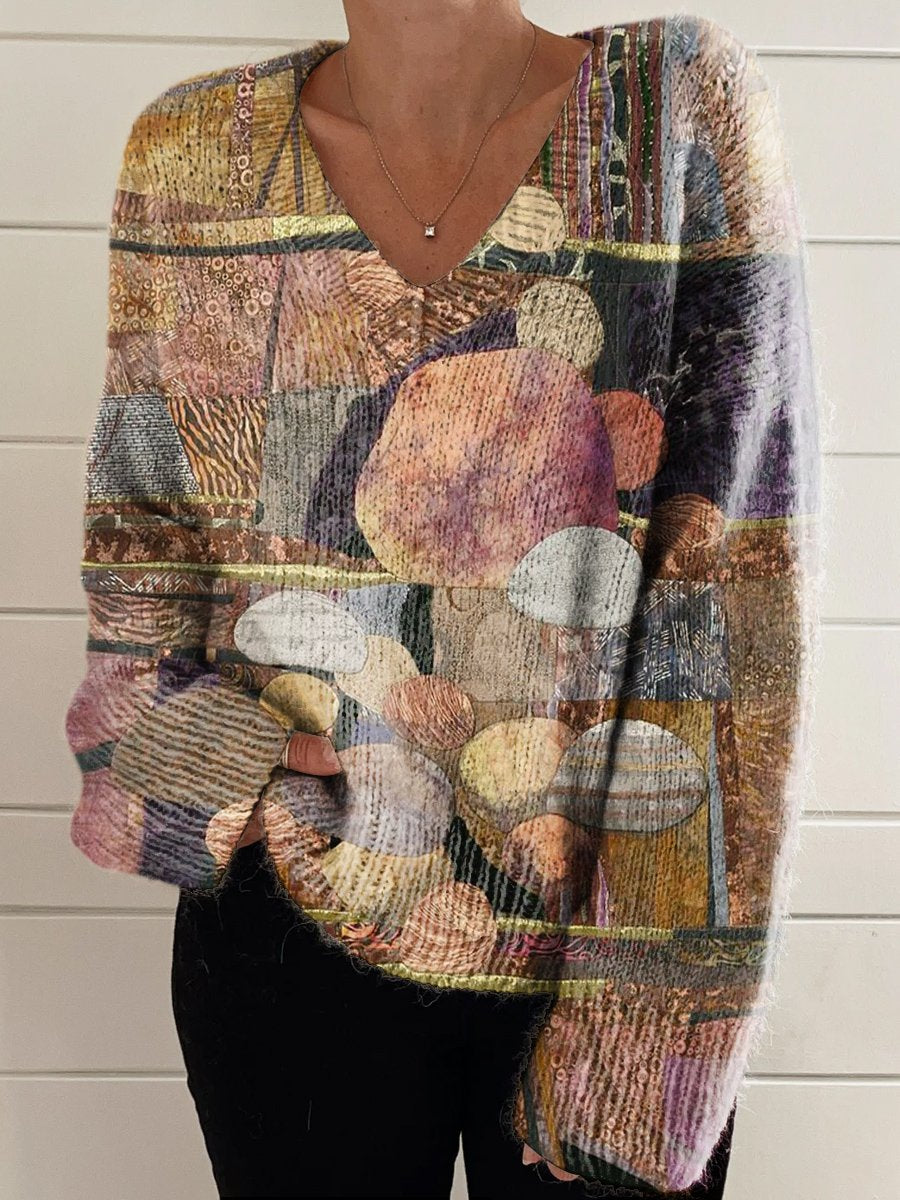 Women's Retro Irregular Patchwork Print Casual V-neck Pullover Knit