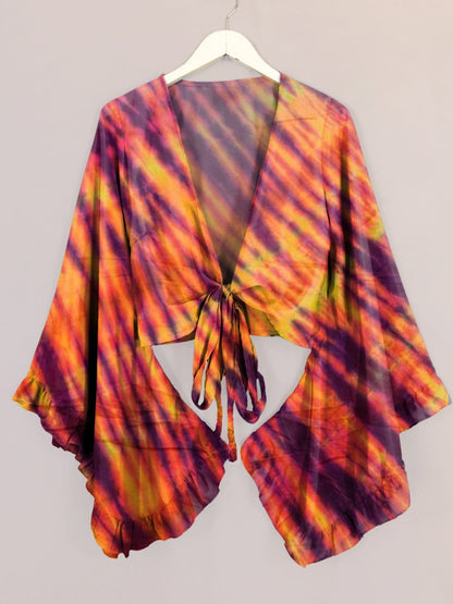 Retro Striped Tie-dye Print Bell Sleeve Wrap Top