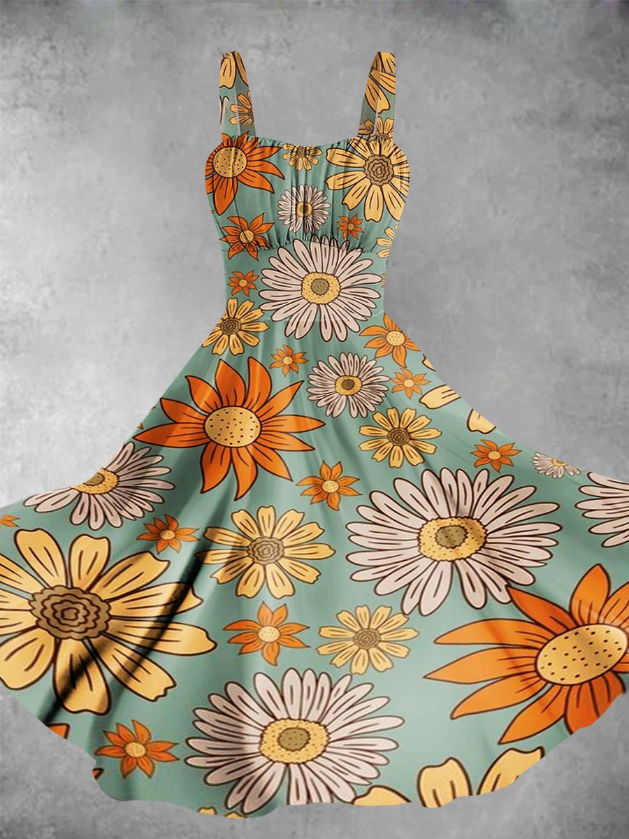 Women's Vintage Floral Daisy Art Print Dress