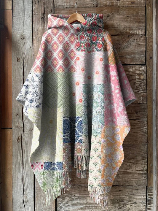 Women's Floral Patchwork Art Print Casual Knit Blanket Cape Hooded Cape