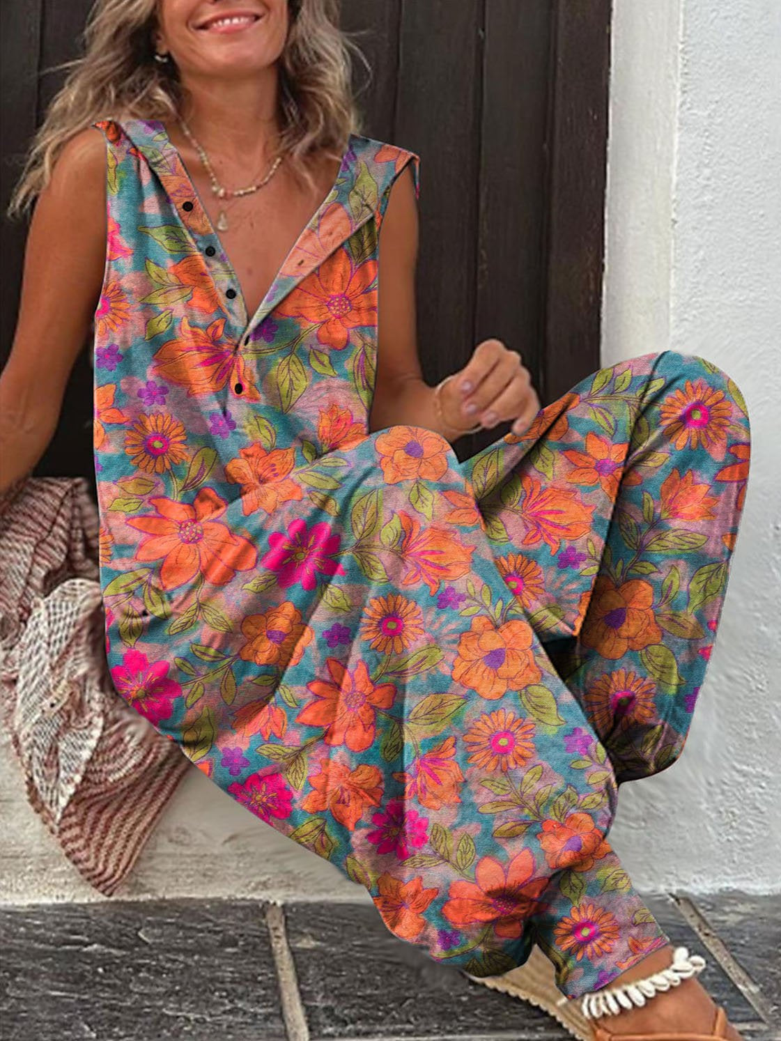 Women's Floral Pattern Print Wide Leg Jumpsuit