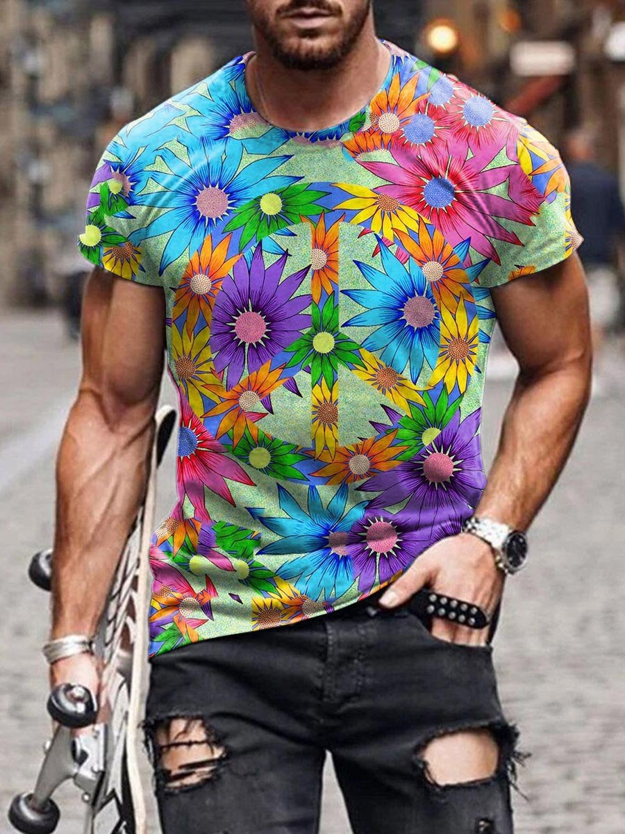 Men's Peace And Love Flower Art Print Casual T-Shirt