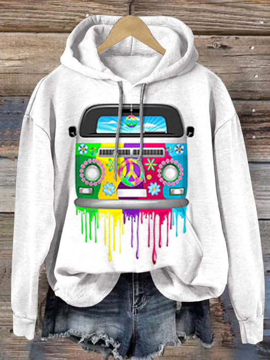 Colorful Hippie Van Print Casual Hoodie Sweatshirt