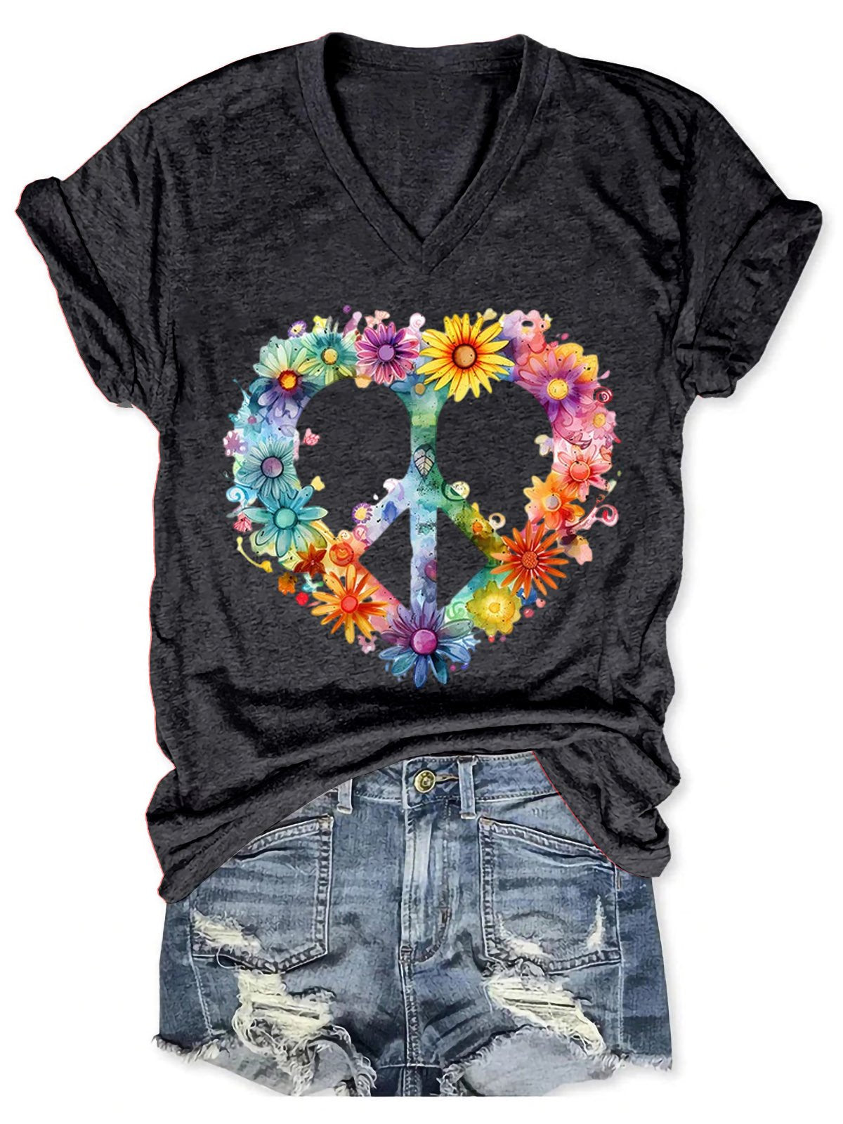 Women's Floral Peace And Love Art Print V-neck Casual T-Shirt