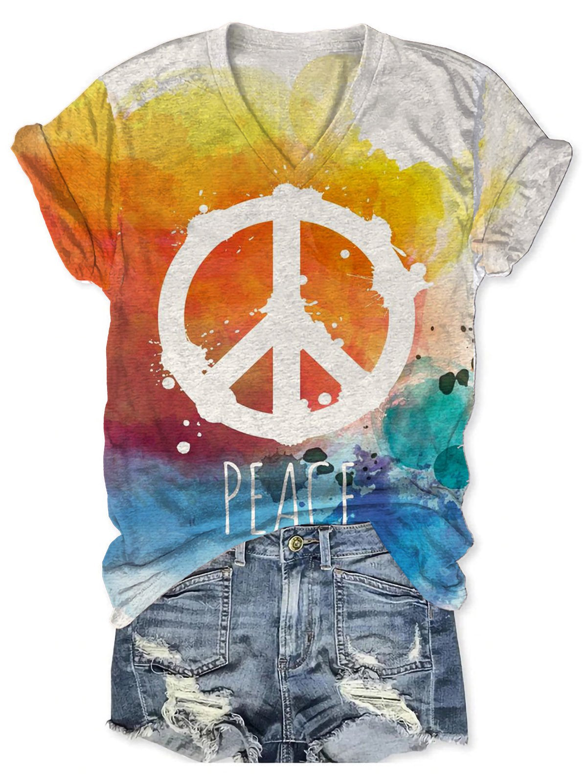 Women's Hippie Peace And Love Art Print V-neck Casual T-Shirt