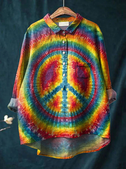 Women's Hippie Tie-Dye Print Casual Cotton And Linen Shirt