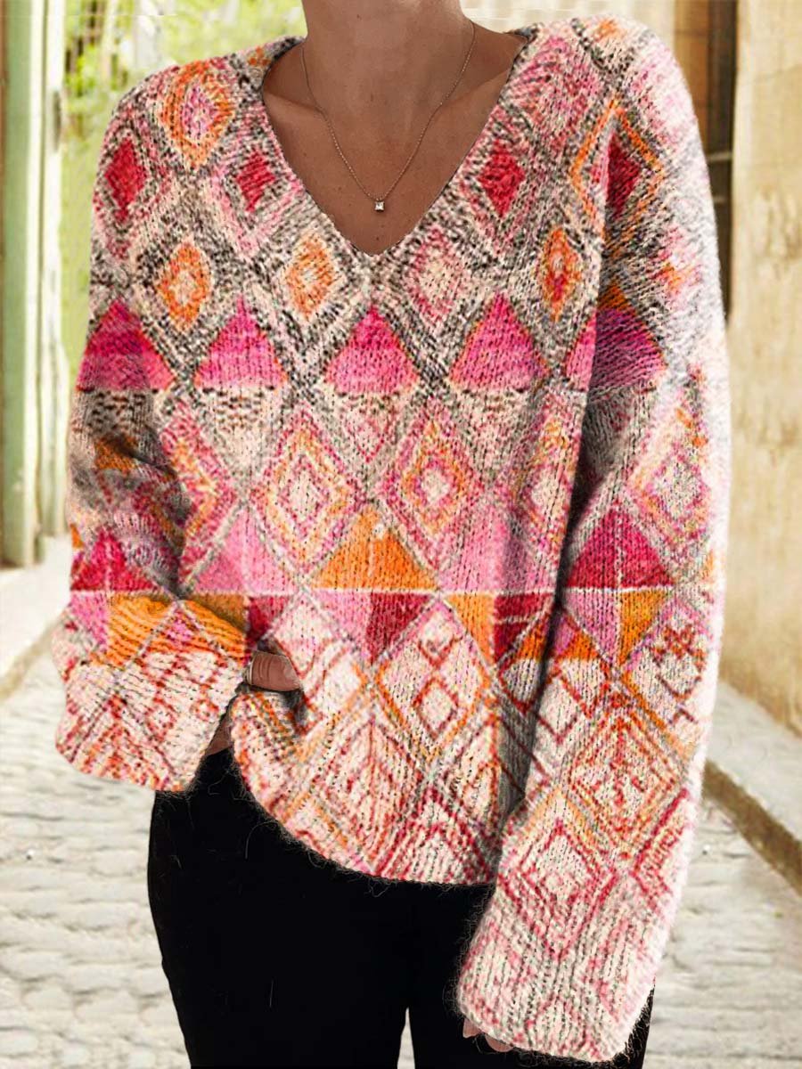 Women's Ethnic Square Art Print Casual V Neck Pullover Knit Sweater