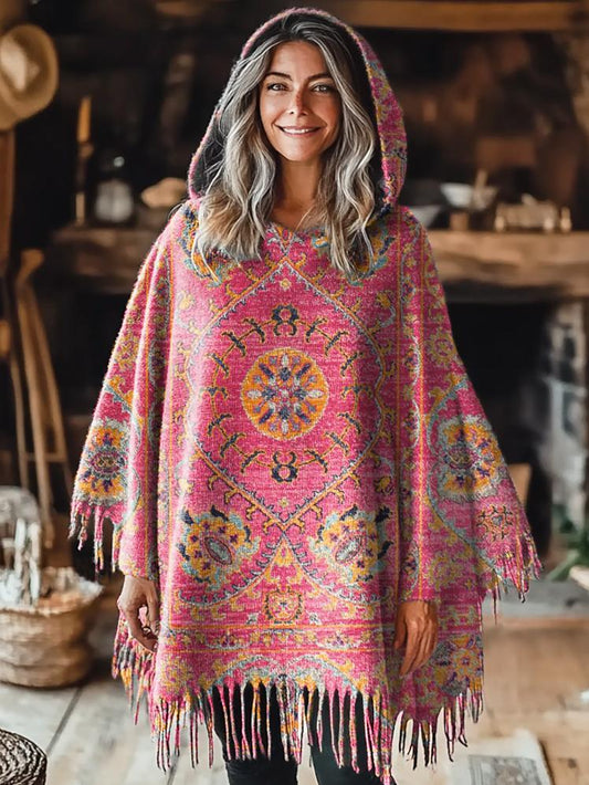 Women's Retro Floral Totem Print Casual Knitted Blanket Poncho Hood Cape