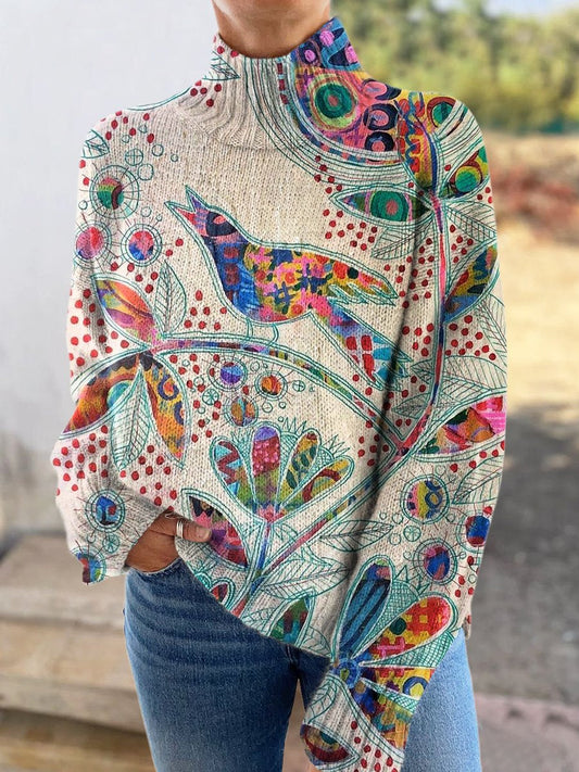 Vintage Flowers & Birds Print Knit Turtleneck Pullover Sweater