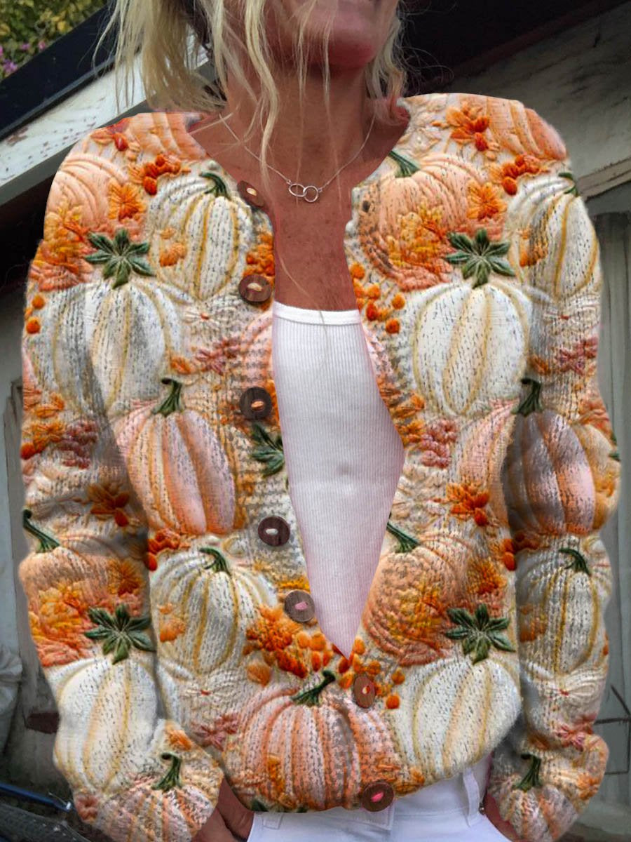 Women's Lovely Thanksgiving Pumpkin Art Print Buttoned Cardigan Sweater