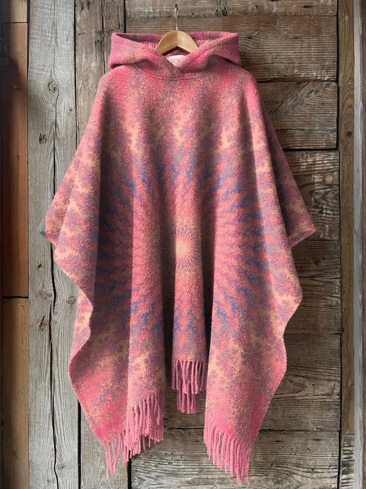 Women's Retro Kaleidoscope Tie Dye Print Casual Knitted Blanket Poncho Hood Cape