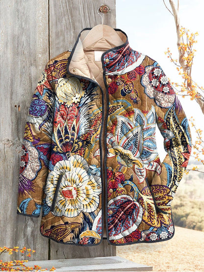 Women's Vintage Floral Art Print Casual Quilted Cardigan