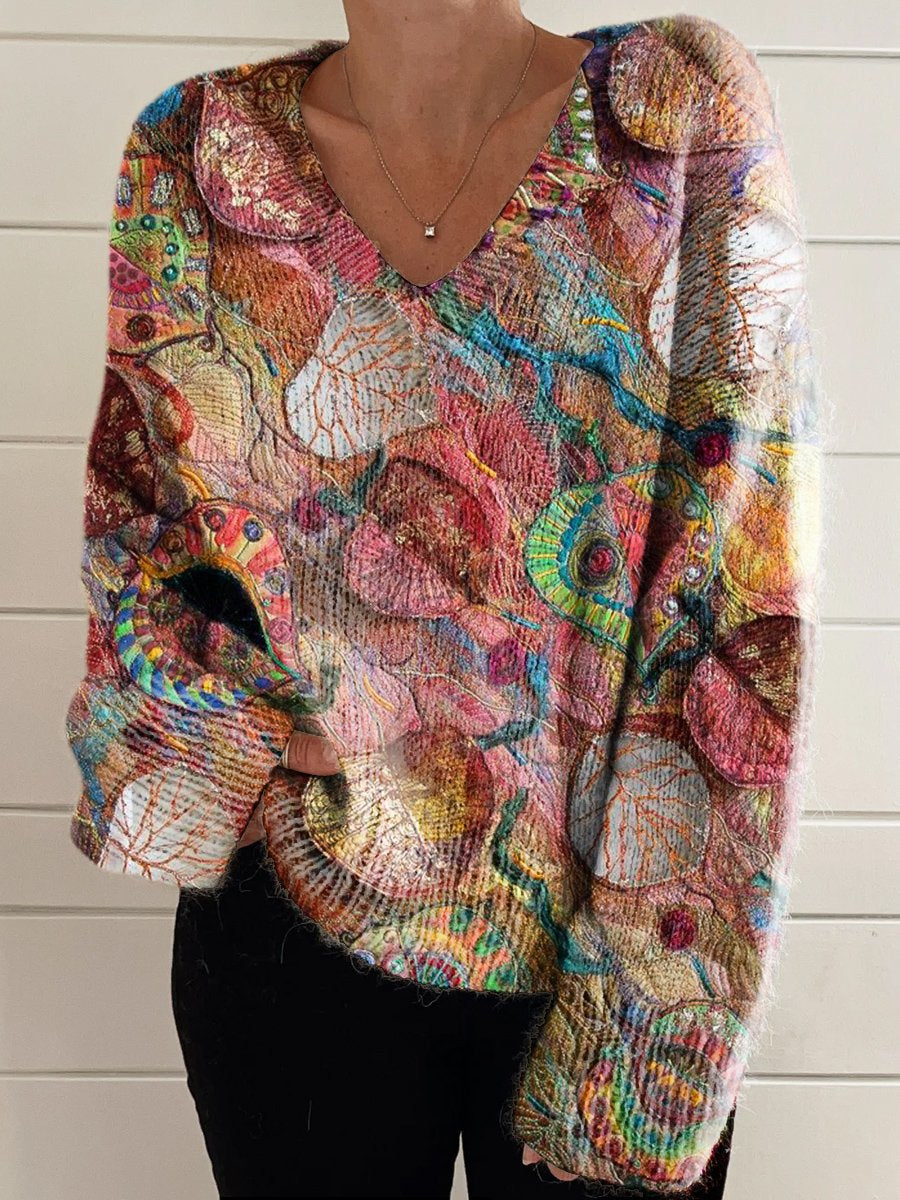 Women's Colorful Patchwork Print Casual V-neck Pullover Knit