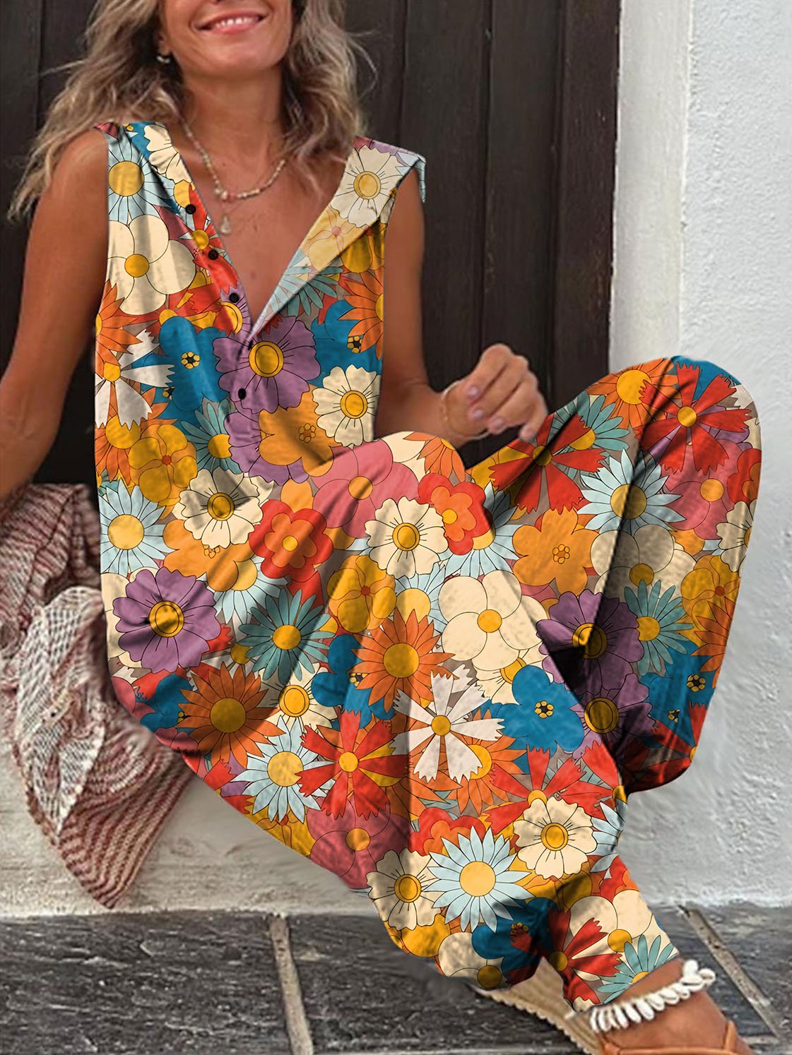 Women's Retro 1980s Floral Print Wide Leg Jumpsuit