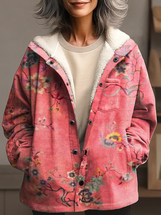 Women's Floral Art Prints Waffle Plush Thick Long-Sleeved Hooded Coat