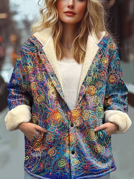 Women's Abstract Painting Pattern Art Print Waffle Plush Thick Long-Sleeved Hooded Coat