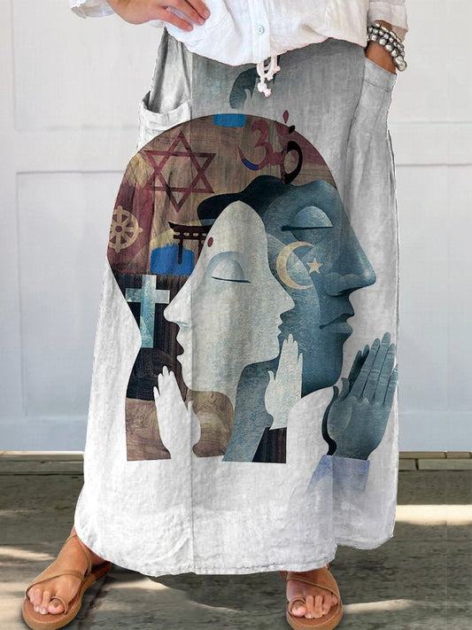 Women's Peaceful Serenity Portrait Art Print Linen Pocket Skirt