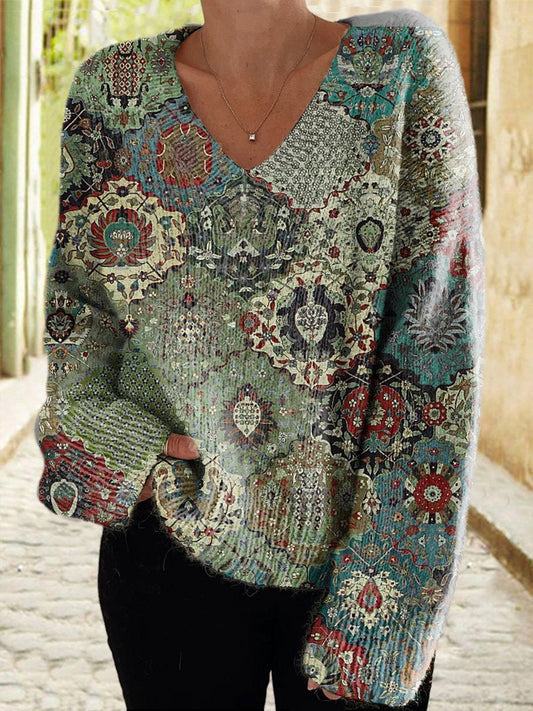 Women's Vintage Casual V Neck Pullover Sweater