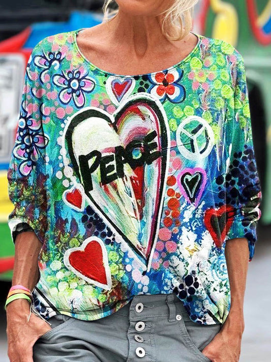 Women's Peace And Love Flower Pattern Art Print T-shirt