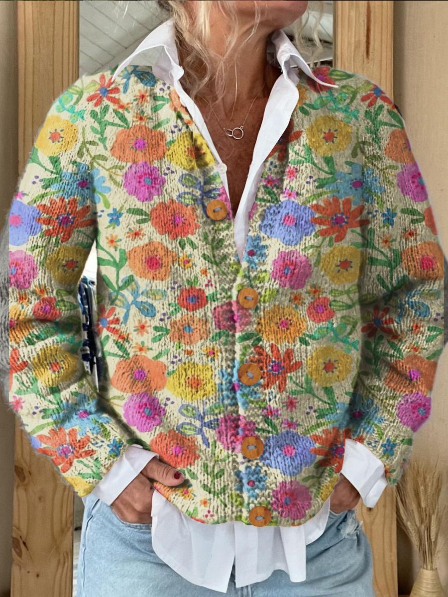 Casual Floral Print Buttoned Cardigan Sweater