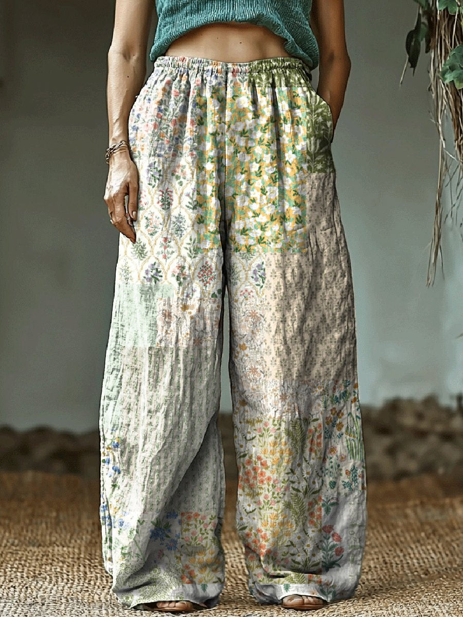 Women's Floral Patchwork Art Print Cotton and Linen Casual Pants