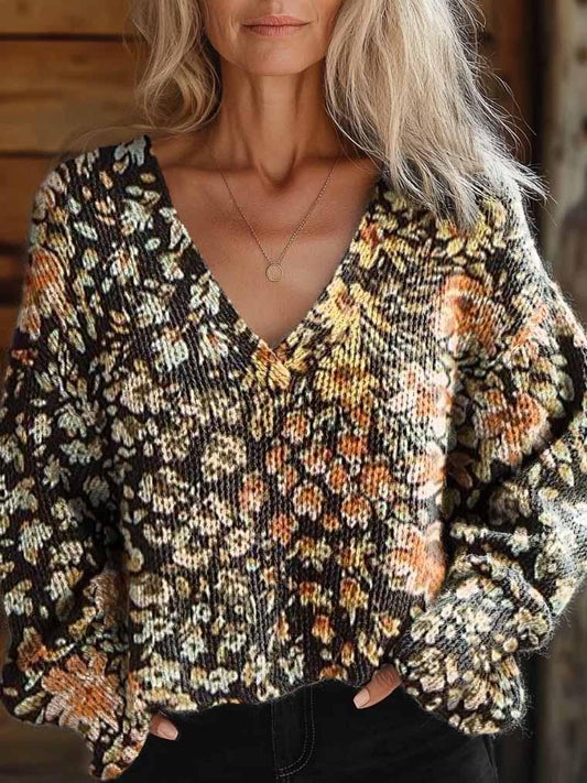 Women's Retro Floral Pattern Casual V-Neck Knit Sweater