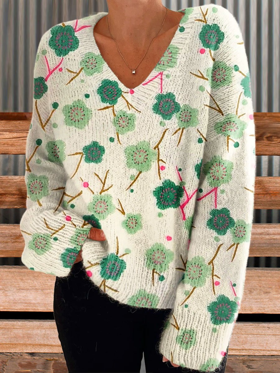 Women's Vintage Flowers Art Print Casual V-neck Pullover Knit