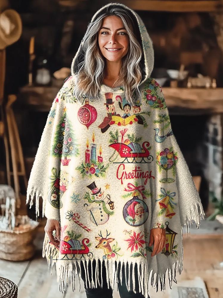 Women's Christmas Retro Pattern Print Casual Knitted Blanket Poncho Hood Cape