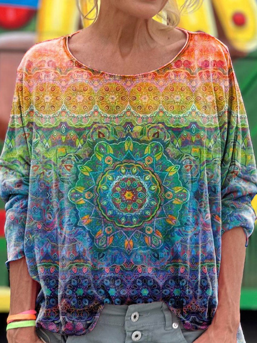 Women's Rainbow Gradient Mandala Print Long Sleeve T-shirt